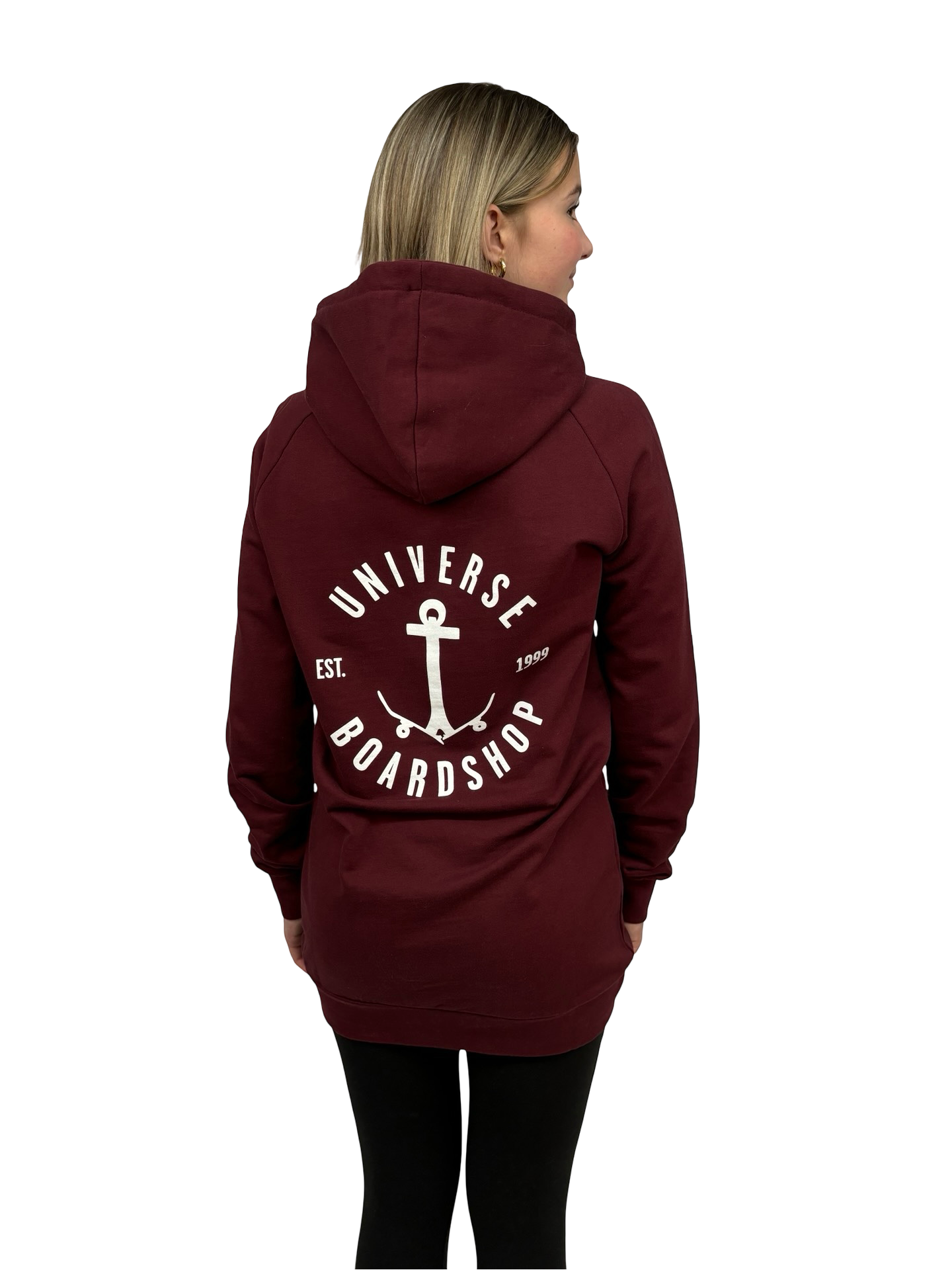 Universe Boardshop WOMEN'S ANCRE LONG PULLOVER HOODIE BURGUNDY/WHITE