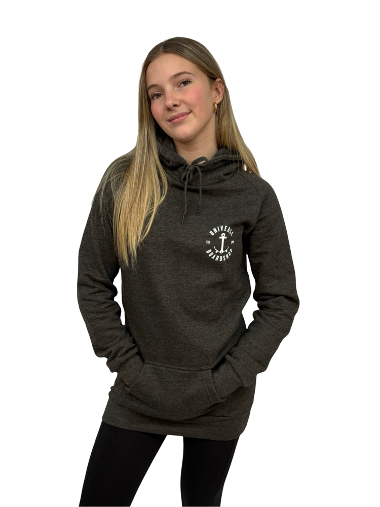 Universe Boardshop WOMEN'S ANCRE LONG PULLOVER HOODIE CHARCOAL HEATHER/WHITE