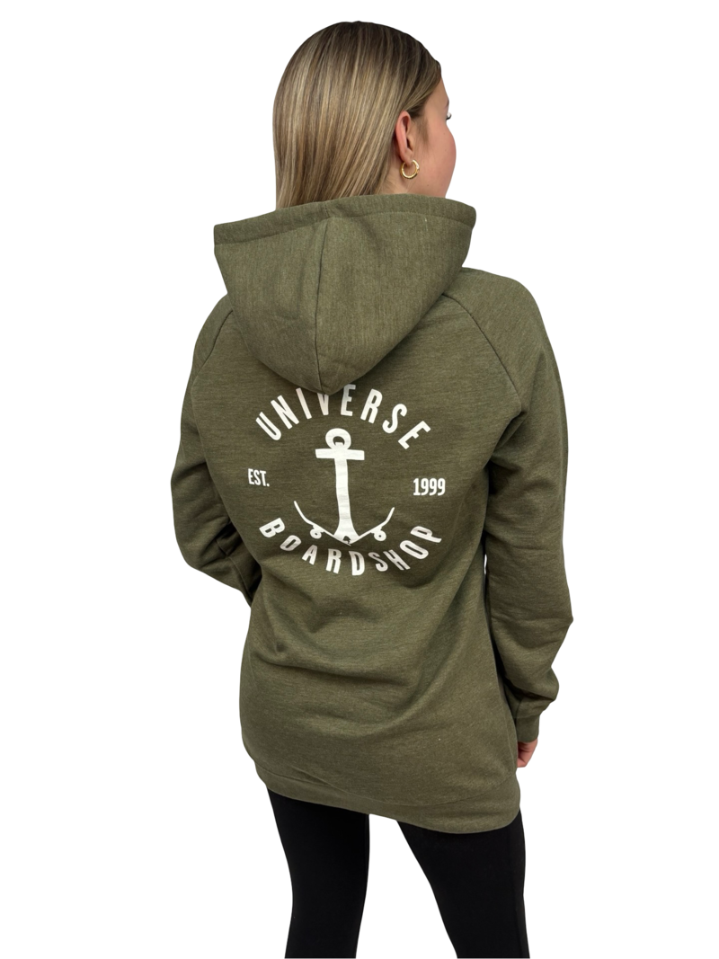 Universe Boardshop WOMEN'S ANCRE LONG PULLOVER HOODIE KHAKI HEATHER/WHITE