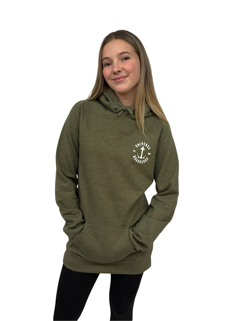 Universe Boardshop WOMEN'S ANCRE LONG PULLOVER HOODIE KHAKI HEATHER/WHITE