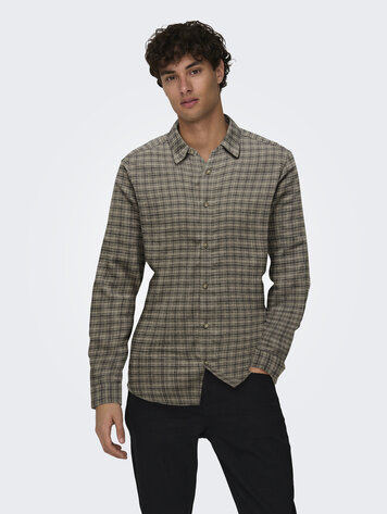 Only & Sons MEN'S GUDMUND CHECK LS SHIRT WALNUT/JET BLACK