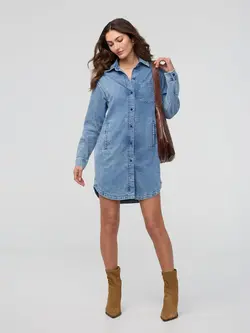 Du/er FEMMES ROBE CHEMISE PERFORMANCE DENIM LITE WASHED INDIGO