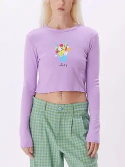 Obey WOMEN'S VASE BUNCH CROPPED JESS RIB FITTED LS T-SHIRT DIGITAL LAVENDER