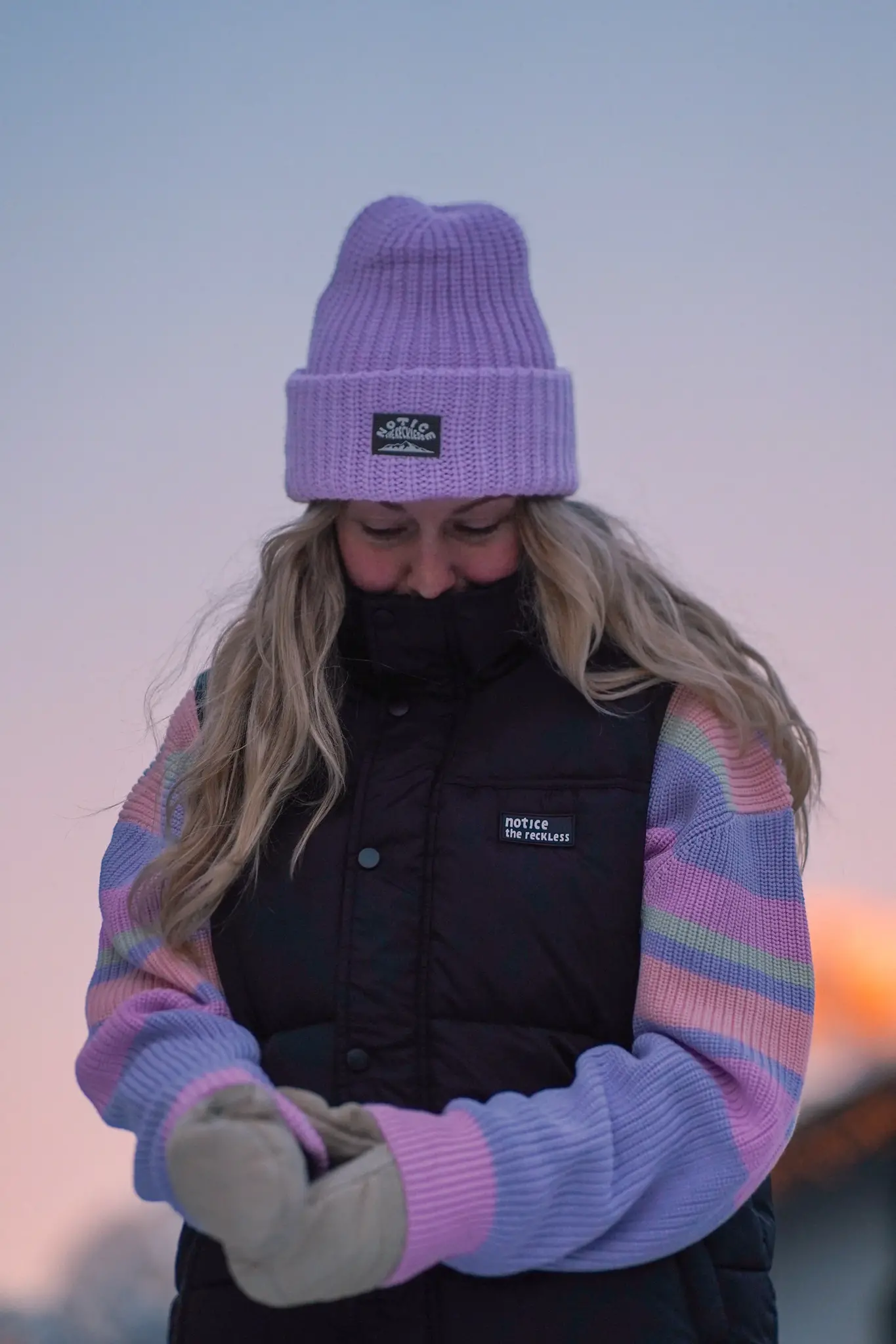 Notice the reckless WOMEN'S BIG LILAC BEANIE