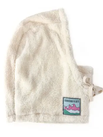 Notice the reckless WOMEN'S SNOWFEST RIDER HOOD OVER THE HELMET