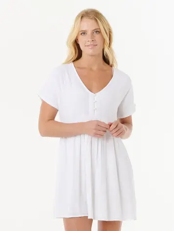 RIP CURL FEMMES PREMIUM SURF SHORT SLEEVE DRESS WHITE