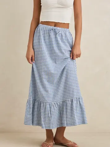 Rhythm FEMMES LOLA CHECK TIERED MAXI SKIRT BLUE
