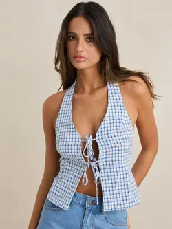 Rhythm WOMEN'S LOUISE TIE FRONT HALTER TOP BLUE