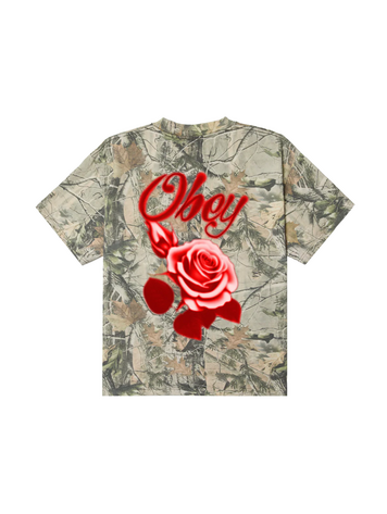 Obey MEN'S AIRBRUSHED ROSE HEAVYWEIGHT T-SHIRT LEAF CAMO
