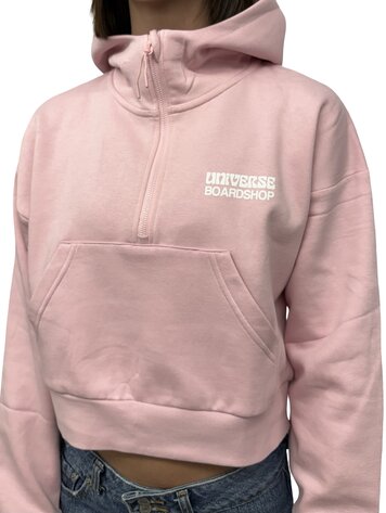 Universe Boardshop WOMEN'S BULLE CROPPED DROP SHOULDER 1/2 ZIP HOODIE PINK/WHITE