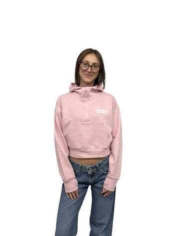 Universe Boardshop WOMEN'S BULLE CROPPED DROP SHOULDER 1/2 ZIP HOODIE PINK/WHITE