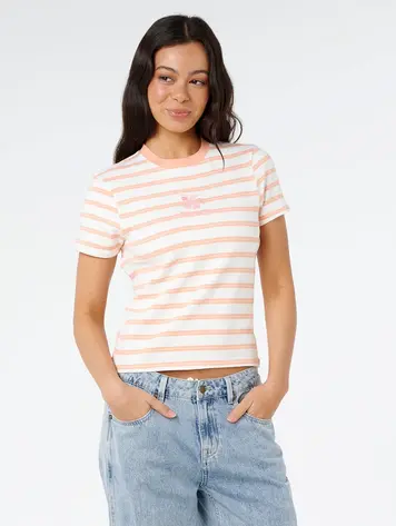 RIP CURL WOMEN'S HALF MOON BAY FITTED TEE PAPAYA STRIPE