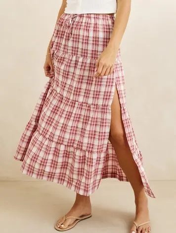 Rhythm WOMEN'S CHELSEA CHECK TIERED MAXI SKIRT CHOCOLATE