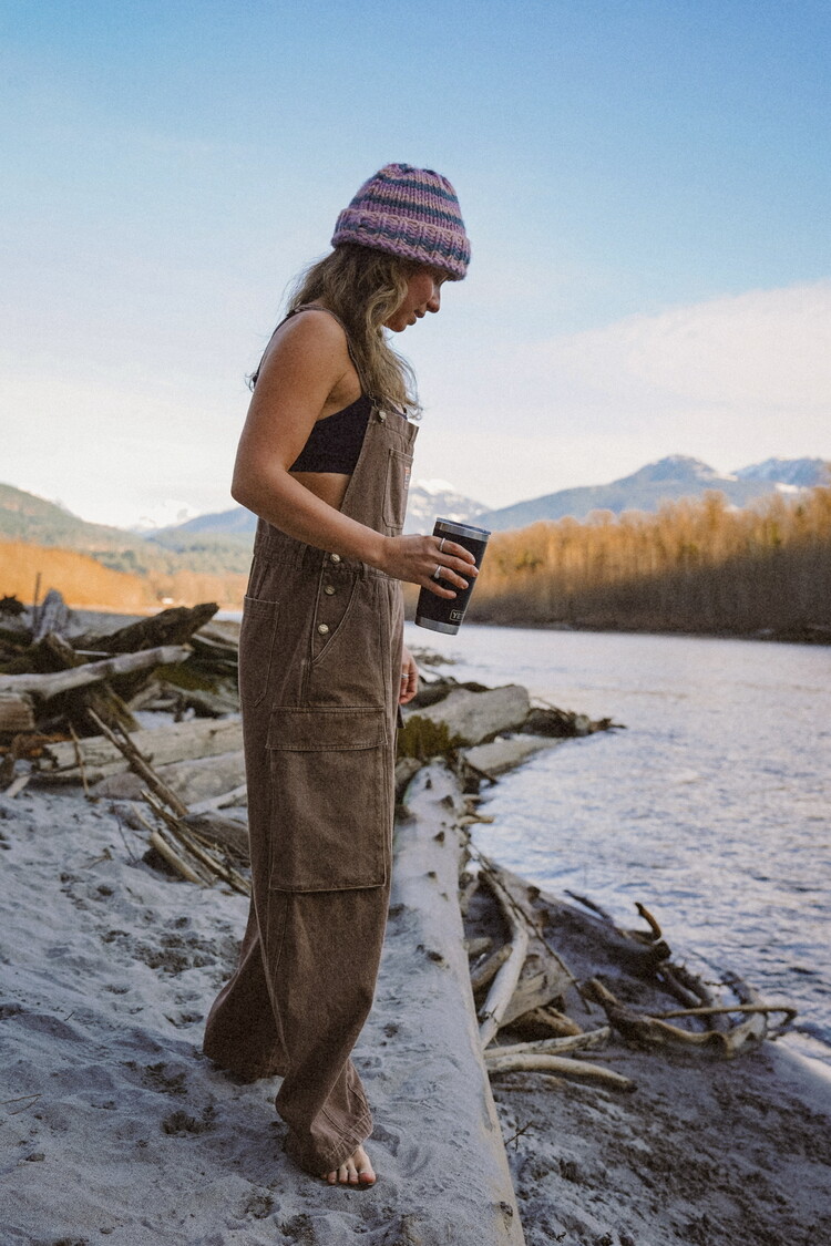 Notice the reckless WOMEN'S COFFEE BARREL OVERALLS