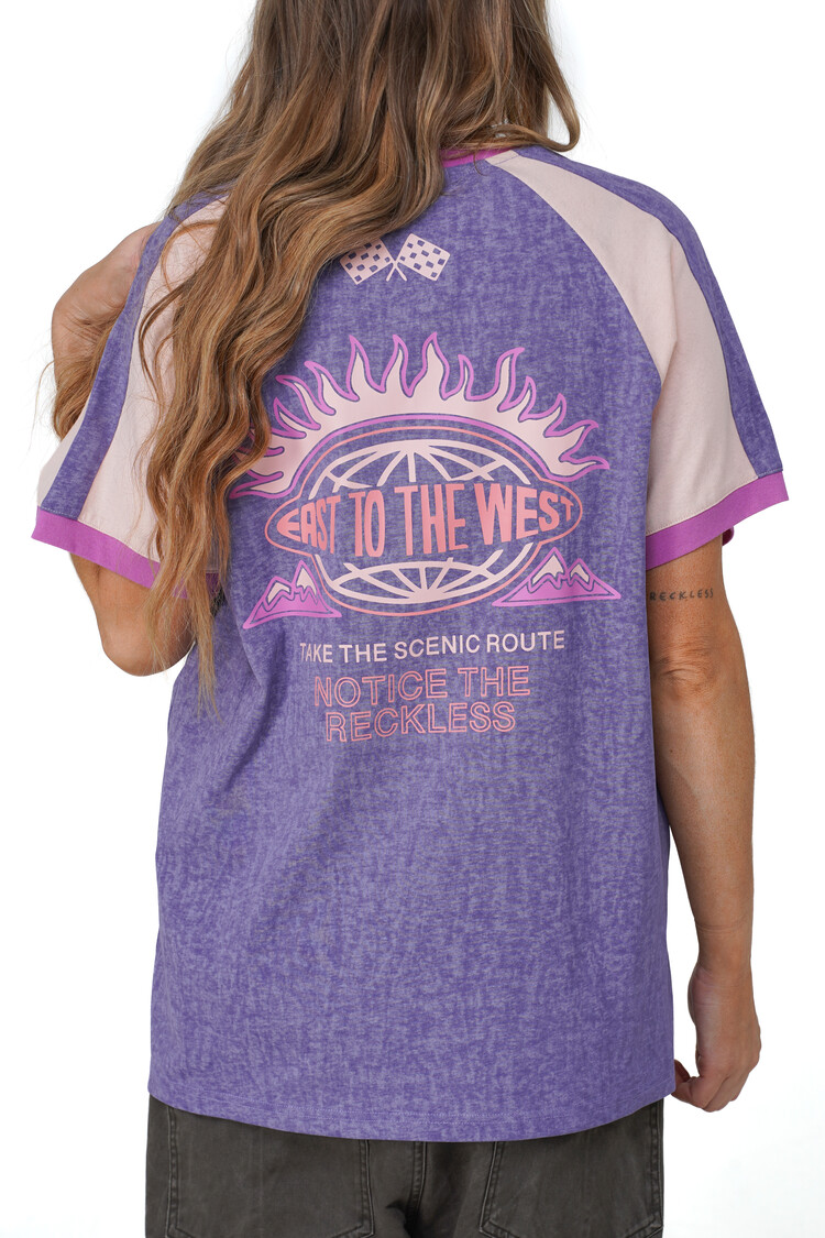 Notice the reckless WOMEN'S SCENIC ROUTE RAGLAN OVERSIZED TEE