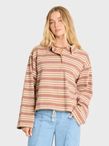 Billabong WOMEN'S SUGAR STRIPE LONG SLEEVE POLO SUGAR ALMOND