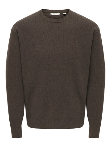 Only & Sons MEN'S RODGER RLX CREW NECK KNITTED PULLOVER CHOCOLATE BROWN