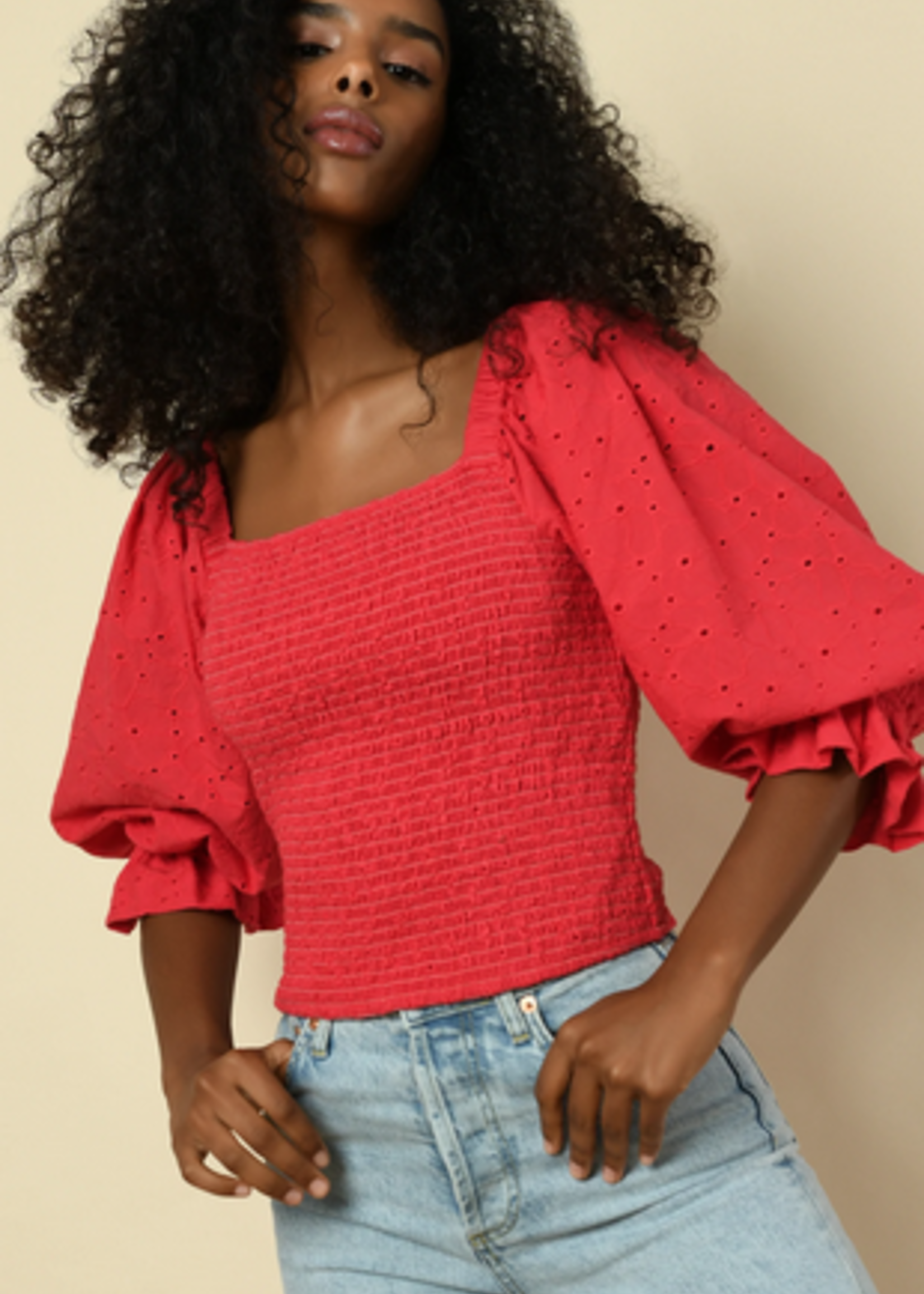 STEFY SMOCKED PUFF SLEEVE TOP
