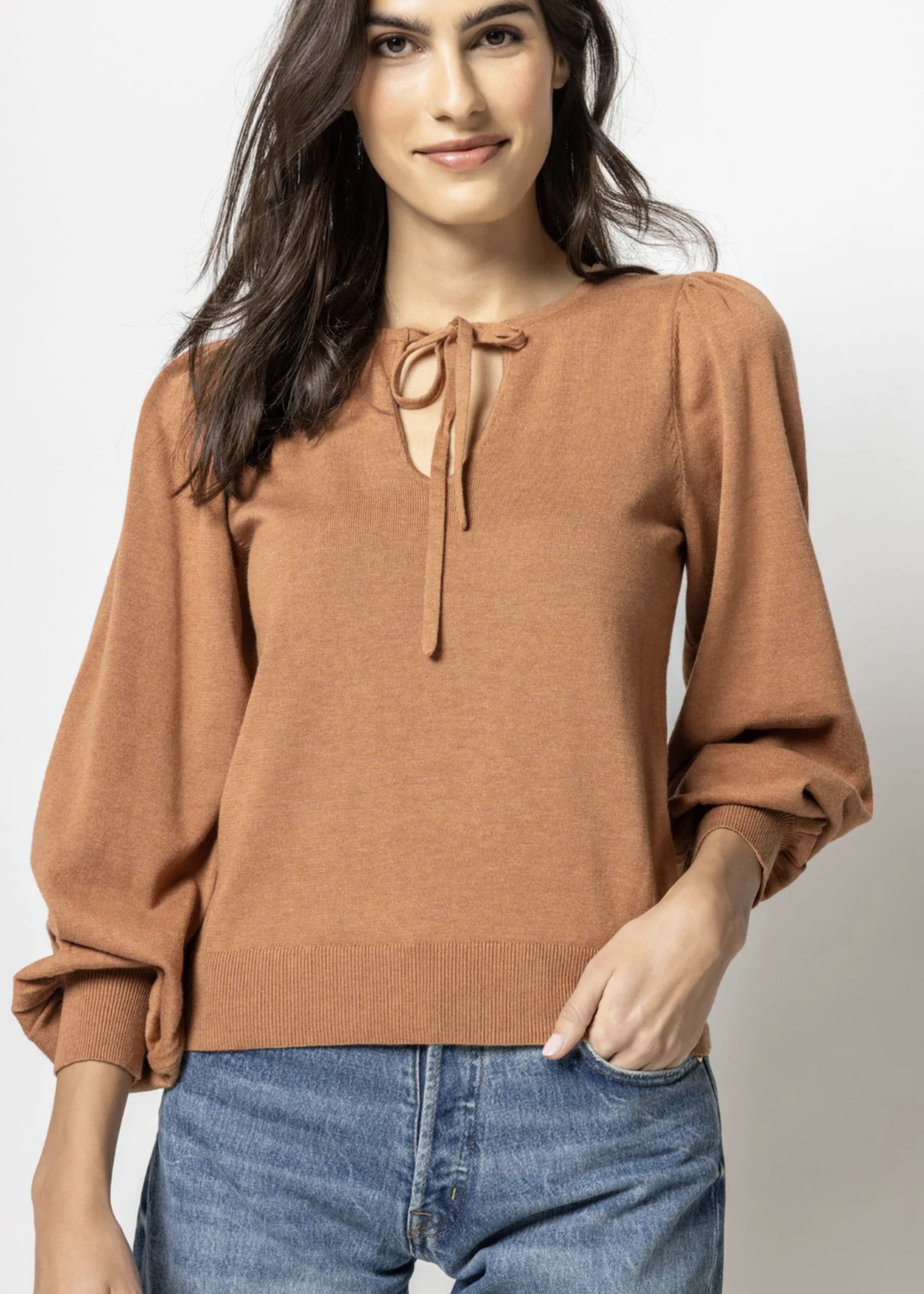 TIE FRONT PUFF SLEEVE SWEATER