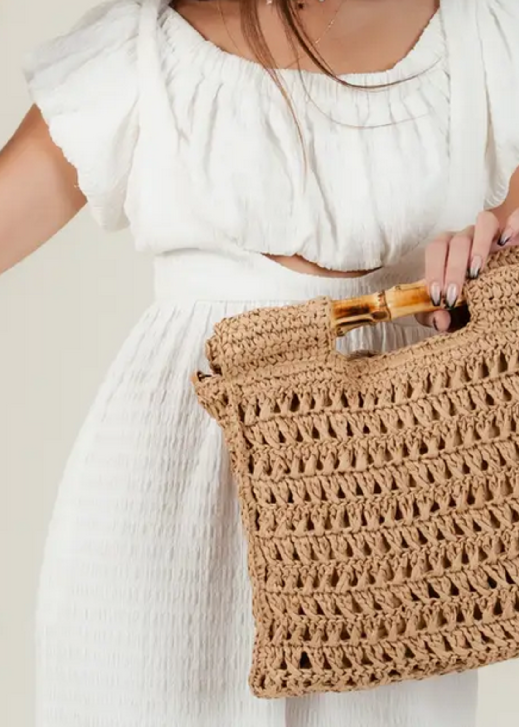 LUCCA COUTURE BAMBOO HANDLE STRAW BAG