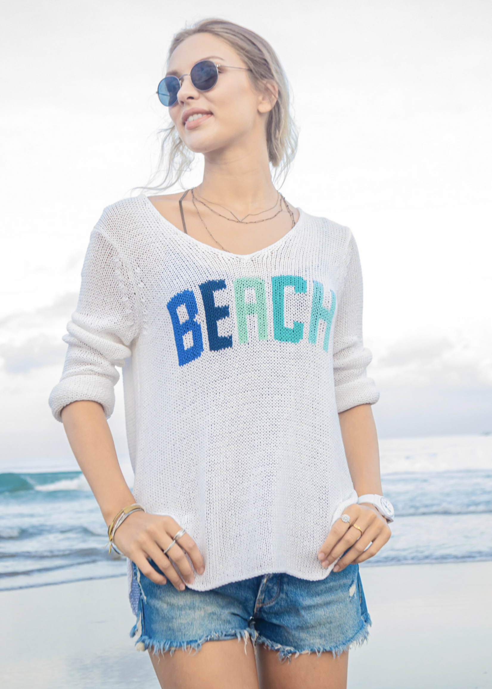 WOODEN SHIPS BEACH MULTI V-NECK SWEATER