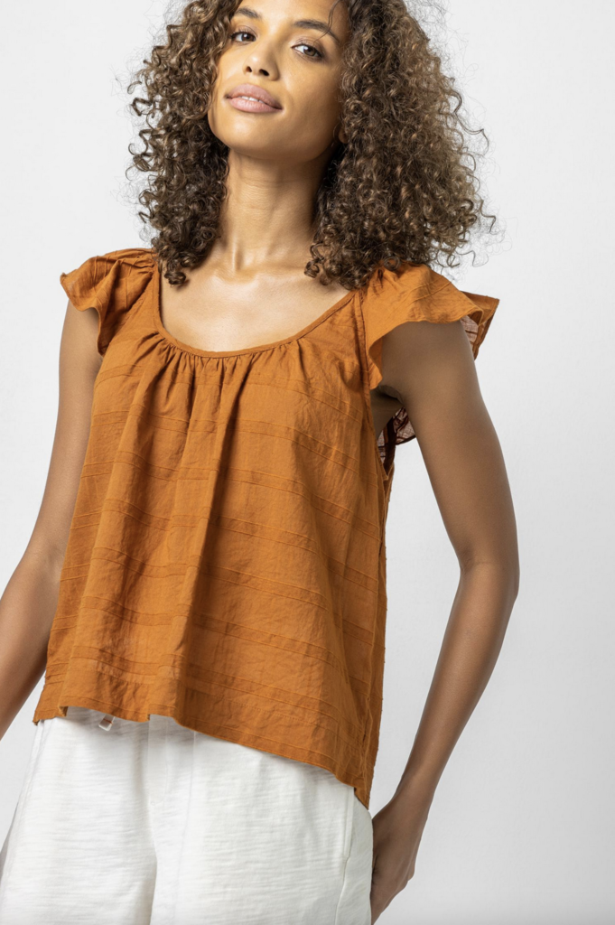 RUFFLE SLEEVE TOP W/ SHIRRING