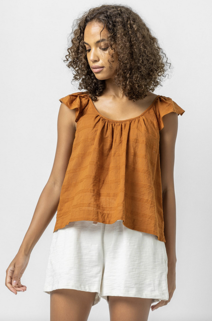 RUFFLE SLEEVE TOP W/ SHIRRING