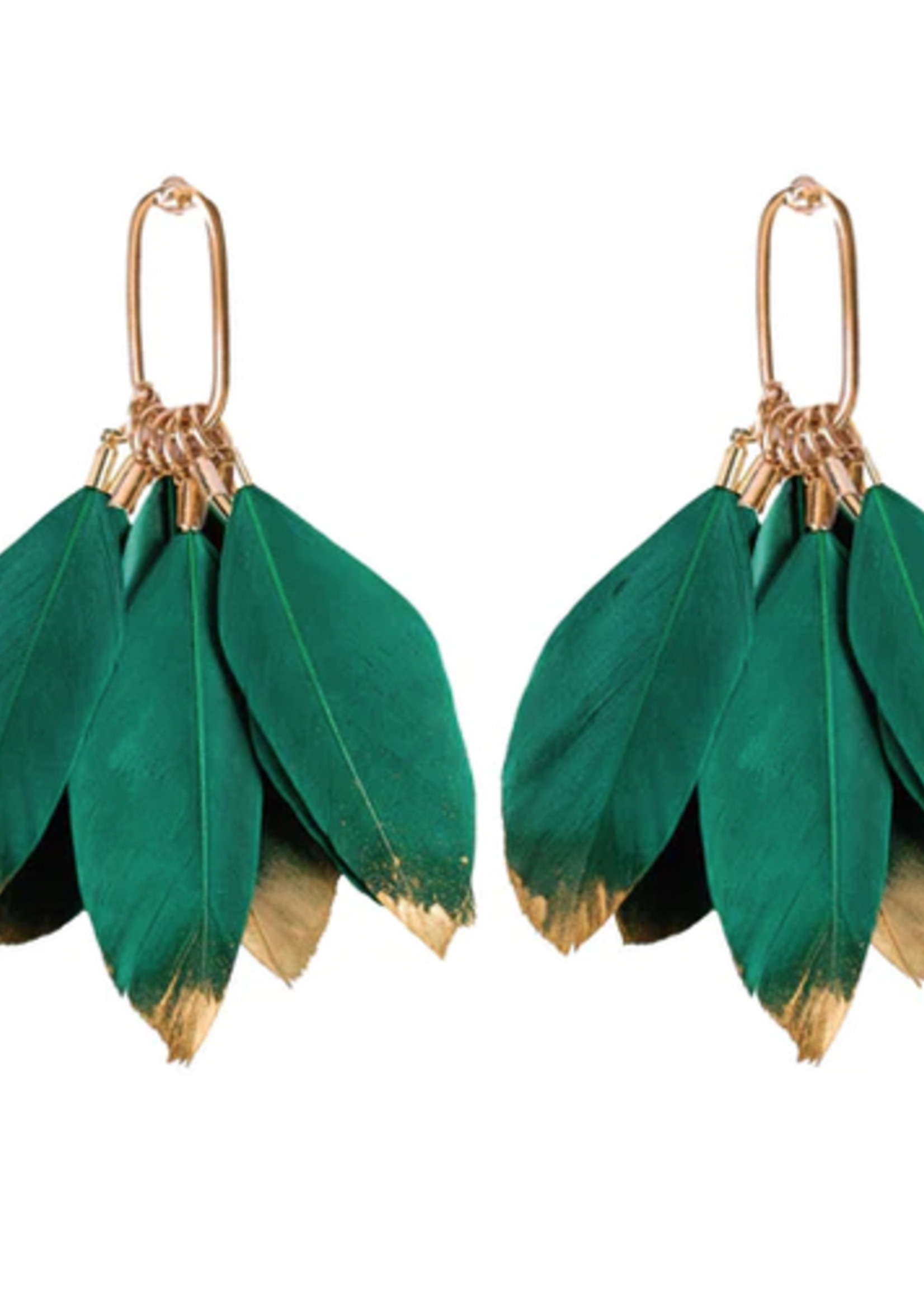 ST. ARMANDS OF DESIGNS OF SARASOTA EMERALD GOLD DIPPED FEATHER TASSEL STATEMENT EARRINGS