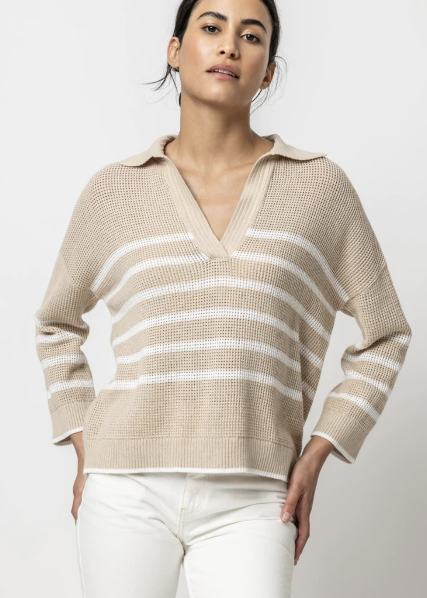 TEXTURED STRIPE POLO SWEATER