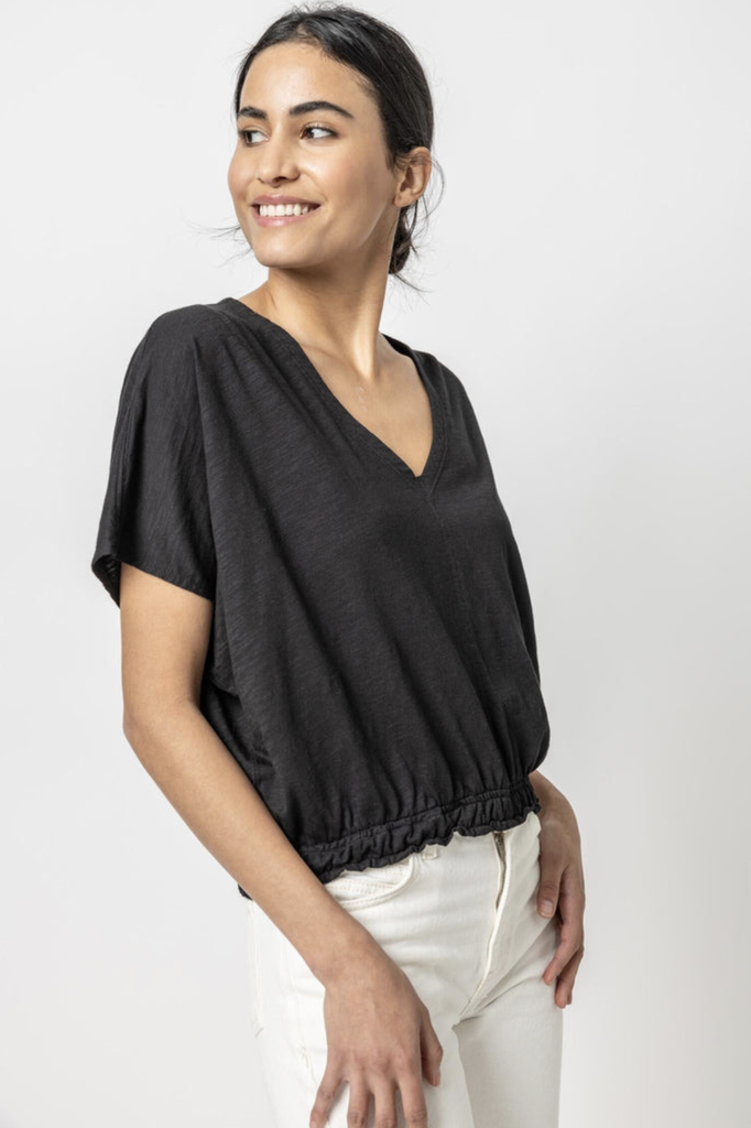 ELASTIC HEM V-NECK DOLMAN