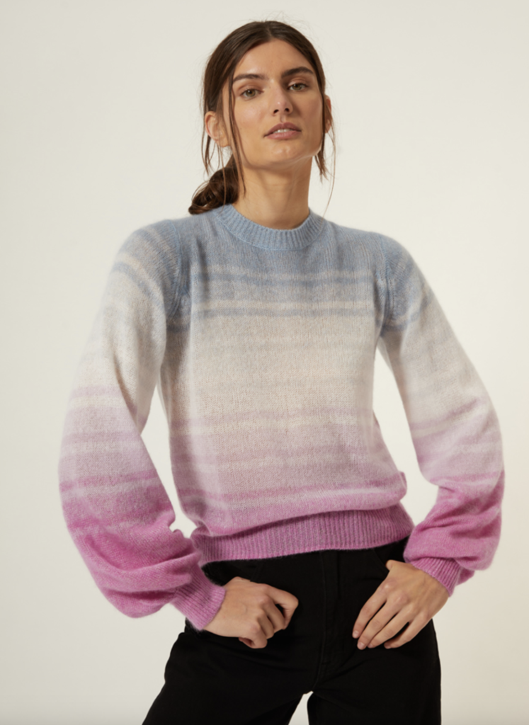 PUFF SLEEVE CASHMERE GRADIENT STRIPE CREW SWEATER