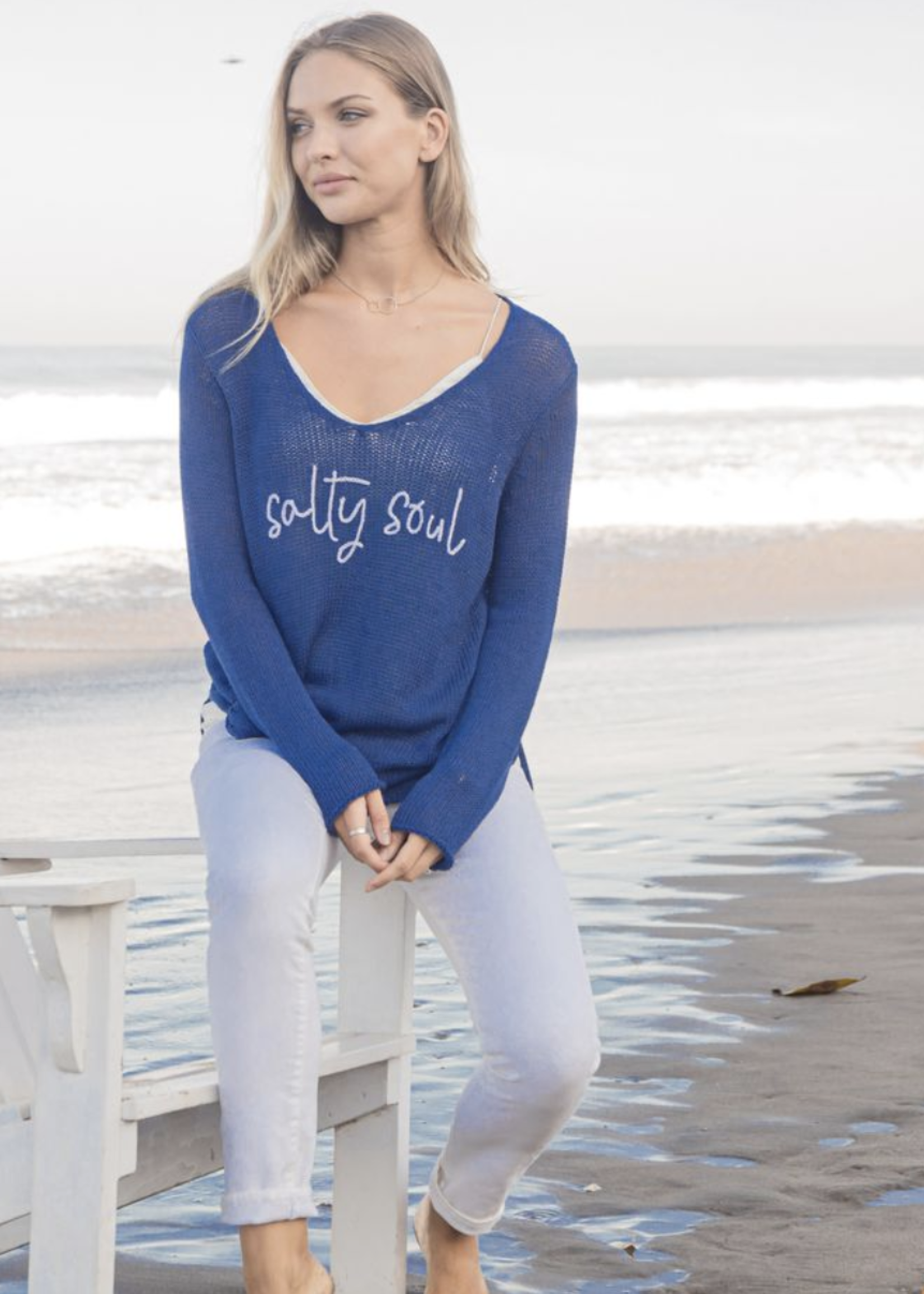 WOODEN SHIPS SALTY SOUL V-NECK COTTON SWEATER