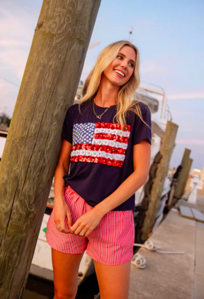 QUEEN OF SPARKLES FLOWER AMERICAN FLAG TEE