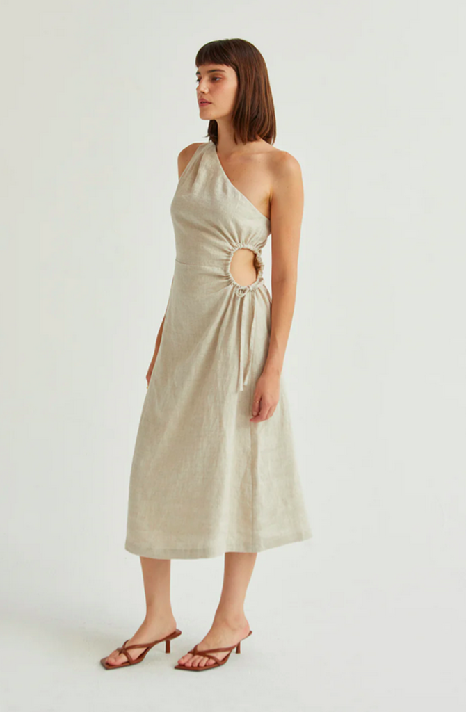 CRESENT AURA ONE SHOULDER FLAX LINEN MIDI DRESS
