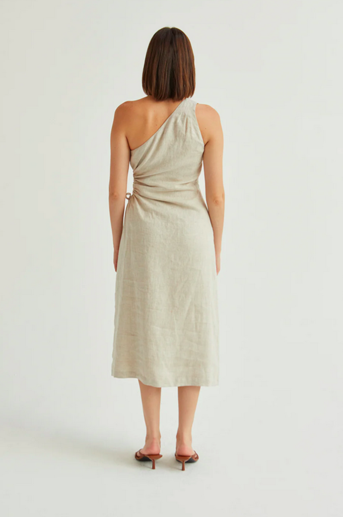 CRESENT AURA ONE SHOULDER FLAX LINEN MIDI DRESS