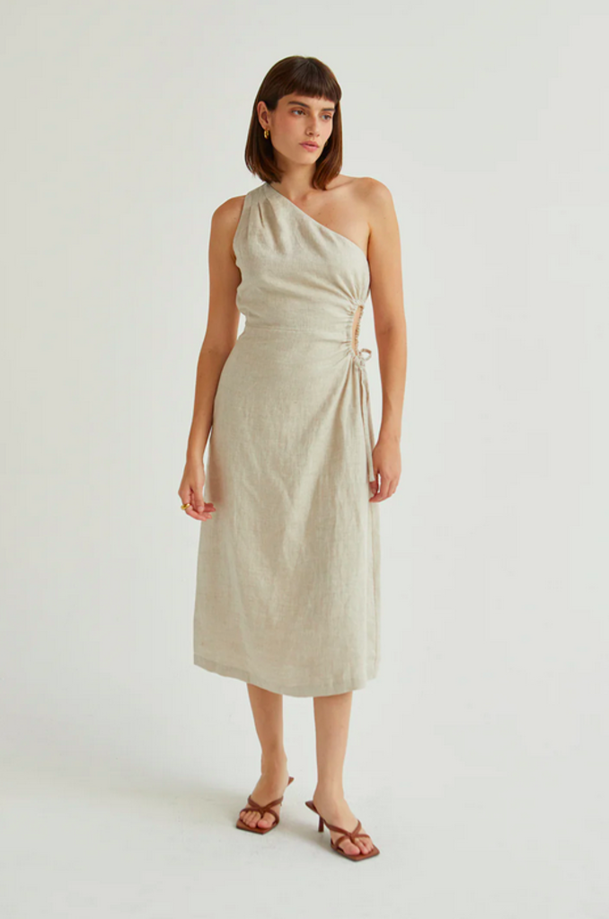 CRESENT AURA ONE SHOULDER FLAX LINEN MIDI DRESS