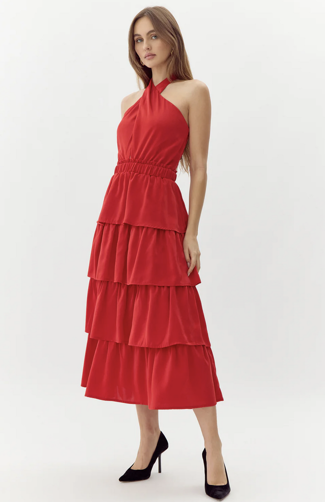 ELEANOR HALTER TIERED MIDI DRESS
