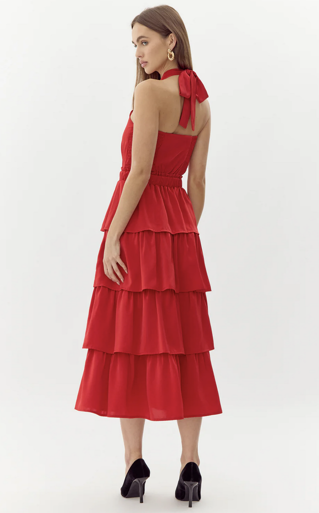 ELEANOR HALTER TIERED MIDI DRESS