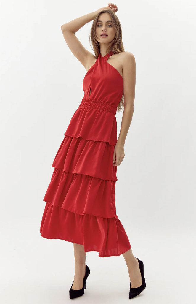ELEANOR HALTER TIERED MIDI DRESS