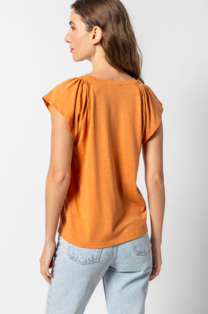 SHIRRED SHOULDER V-NECK