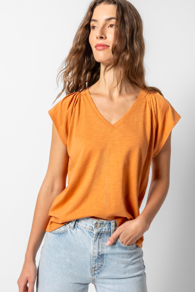 SHIRRED SHOULDER V-NECK