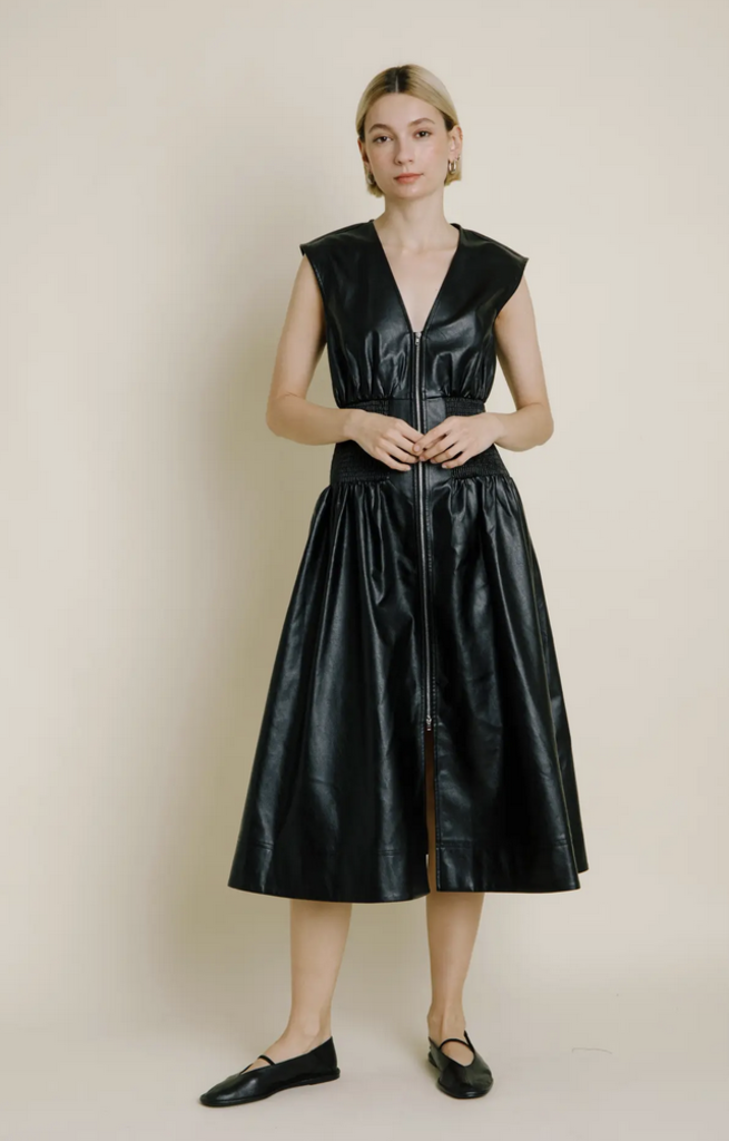 AUREUM VEGAN LEATHER SMOCKED MIDI DRESS