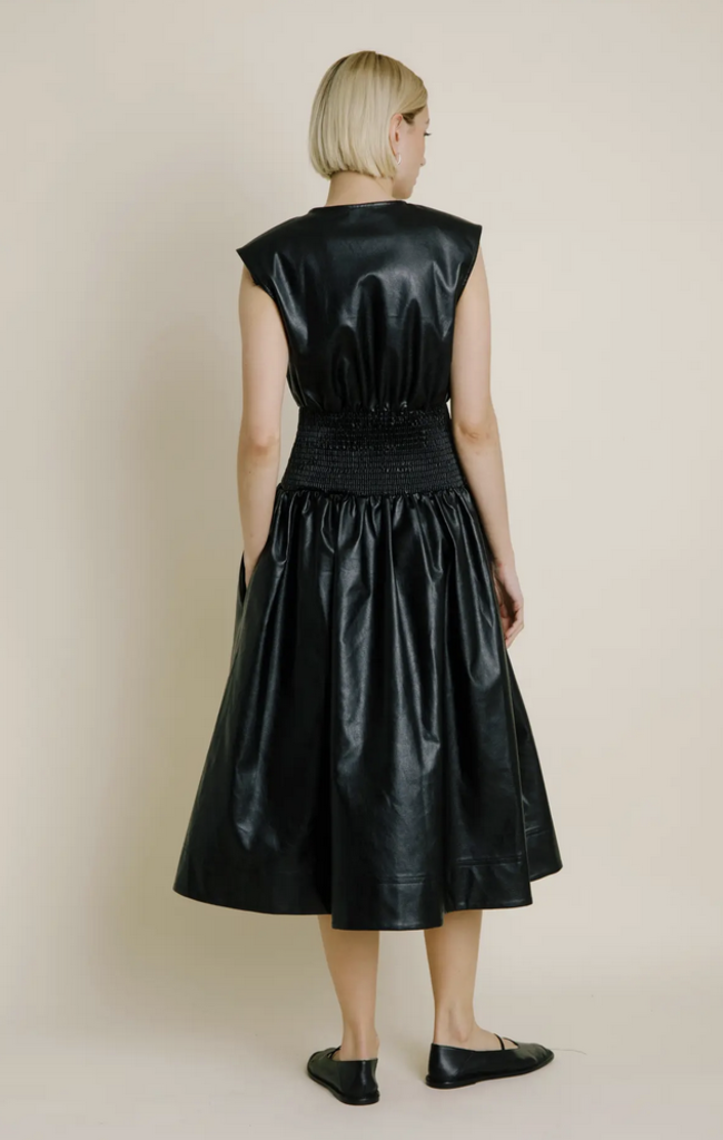 AUREUM VEGAN LEATHER SMOCKED MIDI DRESS