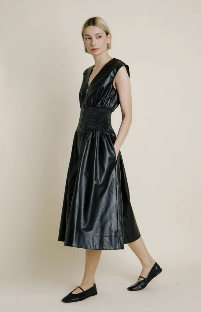 AUREUM VEGAN LEATHER SMOCKED MIDI DRESS