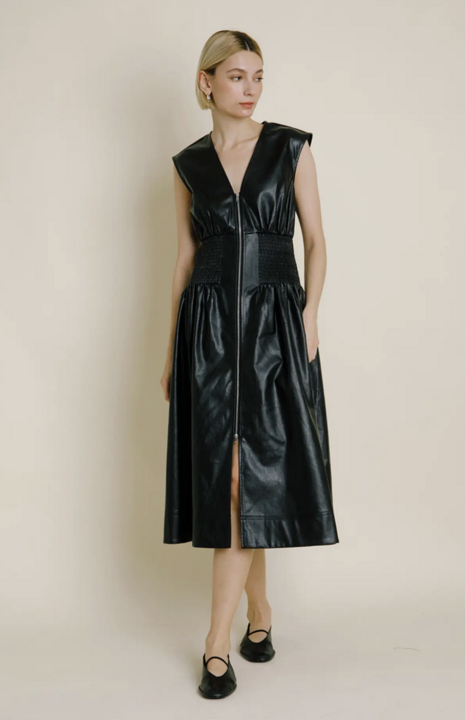 AUREUM VEGAN LEATHER SMOCKED MIDI DRESS