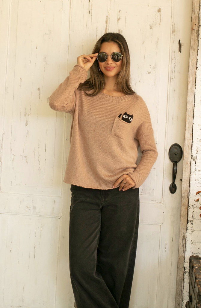 WOODEN SHIPS CAT POCKET CREW LIGHTWEIGHT SWEATER