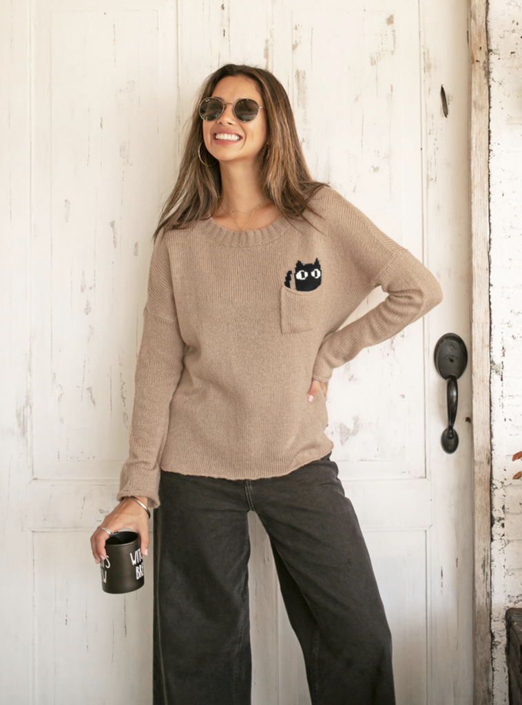 WOODEN SHIPS CAT POCKET CREW LIGHTWEIGHT SWEATER