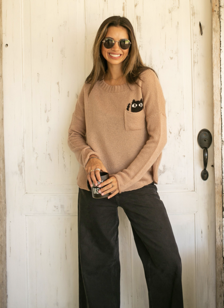 WOODEN SHIPS CAT POCKET CREW LIGHTWEIGHT SWEATER