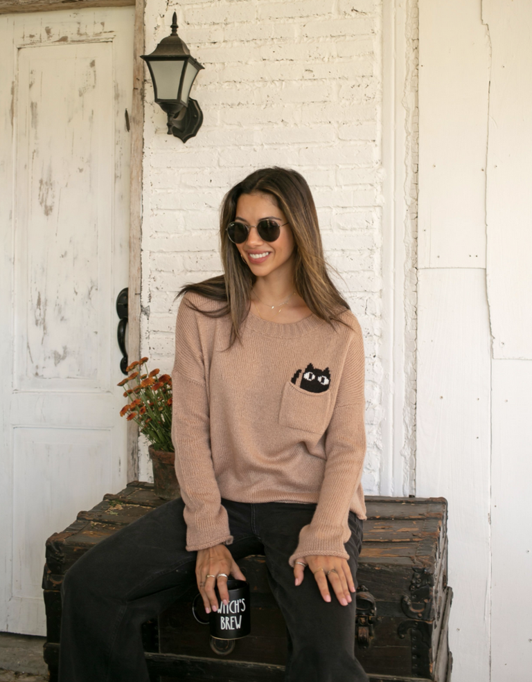 WOODEN SHIPS CAT POCKET CREW LIGHTWEIGHT SWEATER