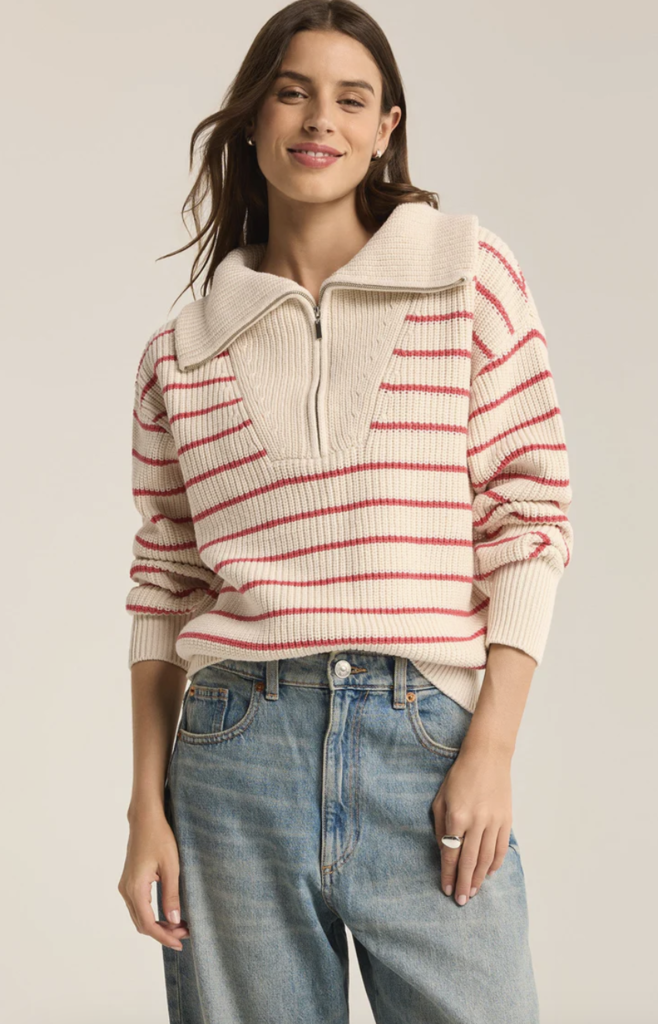 Z SUPPLY VILLA HALF ZIP STRIPE SWEATER